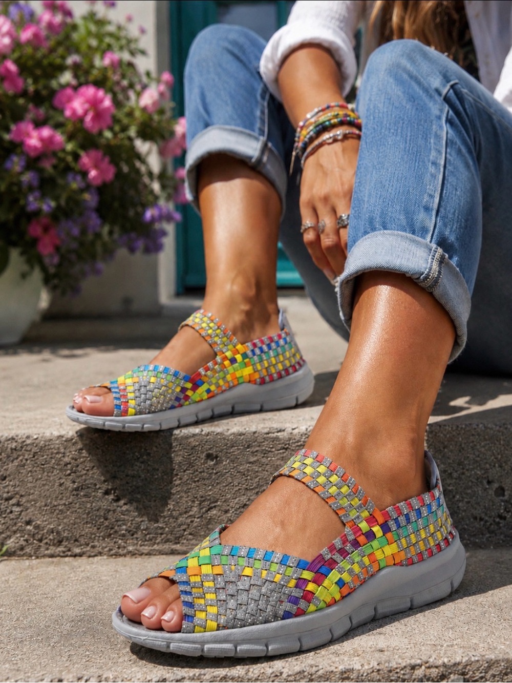 Bernie Mev Multicolor Hand Woven Peep-Toe Elastic Wedge Sport Sandal Size 39(8)